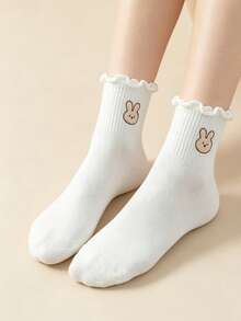 5 Pairs Random White Cartoon Rabbit, Bear, Heart Pattern Mid-Calf Socks, Casual & Sports - White - View 3