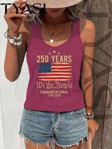 TYASI -250 Years American Flag We The People Tank Top  1776-2026 Patriotic Top-Women's  Sleeveless Shirt, Minimalist And Fashionable, Women Vest,Suitable For Summer - 酒紅色 - 查看 3