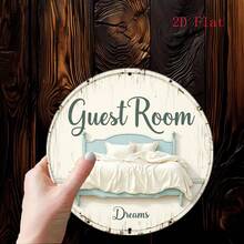 2D Flat Metal Room Sign - Round Bed & Room Label Plaque With Turquoise Bed Frame Design, Durable Wall Decor For Home, Hotel, Airbnb, Housewarming Gift - Minimalist White Background & Cursive Font, 2D Flat, Perfect For Room Decor (Random Hole Position) - A - View 2