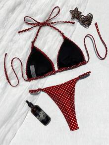 Women's Polka Dot Triangle Bikini Set With Heart-Shaped Ring Decor. Features Triangle Cup Design, Spaghetti Strap, Sweet Yet Stylish. Vacation Beach Summer - Multicolor - View 3
