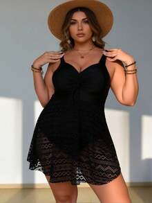2026 New Arrival Women's Lace Swim Dress, V-Neck Drawstring One Piece Swimsuit With Built-In Briefs, Modest Plus Size Beach Dress - Black - View 5
