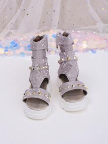 1 Pasang Sandal Musim Panas Anak Perempuan Warna Lavender Berkilau, Model Tinggi dengan Resleting, Desain Berongga, Sol Tebal, Motif Pita Perak, Dekorasi Paku Keling Emas, Cocok untuk Gaya Jalanan dan Pakaian Pesta - Mauve Purple - View 3
