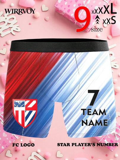 1pc Customized Football Club Logo Men's Briefs, Inspired By Atletico Madrid Red Blue White Striped Underwear, Personalized Team Name And Number Print, Football Fan Gift, Men's Casual Sports Shorts, Customizable Football Underwear