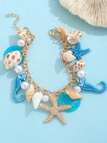 1pc Bohemian Style Alloy & Pearl Decor Starfish Bracelet For Women, Summer Ocean Style Adjustable Bracelet, Casual Daily Wear Accessory, Perfect For Hawaiian Seaside Outfits, Party & Holiday Gift, Ideal For Hawaiian Beach Outfits, Beach Party & Festival Gift, Minimalist Statement Bracelet, Must-Have Summer Beach Essential - Multicolor - View 2