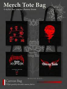 4款STRAYKID/DominATE/K-Pop/Skz/STAY帆布手提袋，哥特红黑图案，大容量可重复使用敞口休闲手提袋，适合STAY粉丝演唱会及日常使用，粉丝周边，小礼物，节日礼物 - 彩色 - 查看 10