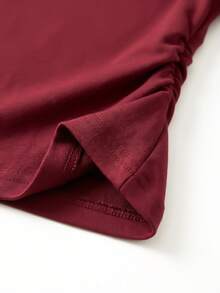 女士纯色修身短款T恤，简约圆领短袖，弹力打底衫，春夏基础款露脐休闲上衣 - 酒紅色 - 查看 5