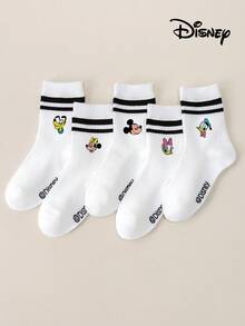 Disney 5双装卡通人物印花中筒护腿套，包含史迪奇/唐老鸭/黛丝元素，白色双条纹护腿套 - 彩色 - 查看 5