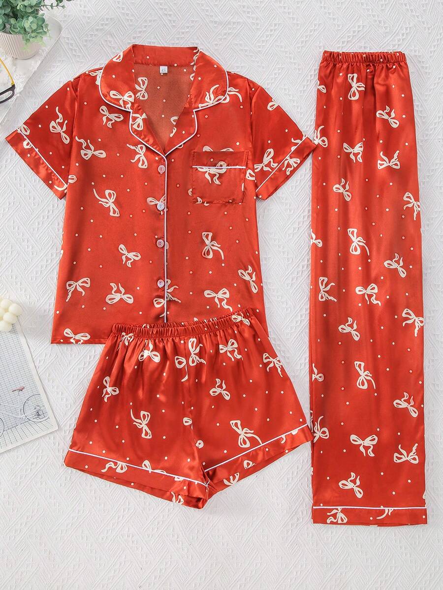 Bộ 3 món áo choàng và bộ đồ ngủ nữ bằng lụa giả in hình bướm - Màu Cam cháy - Xem 1