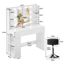 Devoko Toucador moderno e minimalista com espelho, preto/branco, 2 gavetas, 8 prateleiras abertas, estação de carregamento integrada, 3 cores de luz com intensidade ajustável, prateleira lateral flexível. - Banqueta redonda branca e preta - Ver 11