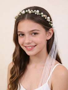 1 pieza Diadema de flores para niña, diadema de perlas para niñas, accesorio de cabello de boda de aleación con flores, accesorio de fotografía para comunión y fiesta de bodas - Blanco - Ver 4