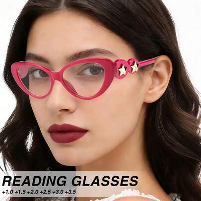 1pc New Cat Eye Reading Glasses, Unique Star Decor On Temples For Youthful Fashionable Look, Lovely Pink & Fresh Green Colors, Comfortable Reading Glasses