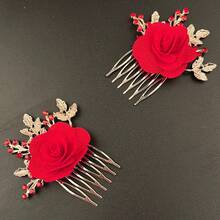 2 Stück eleganter Blumen Haarkamm, Braut Haarschmuck, Fotostudio Dekoration, Festival, Party - Rot - Übersicht 2