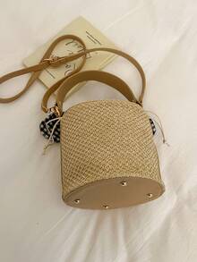 迷你度假沙滩包，草编单肩斜挎包，新款女士抽绳水桶包 - 米色 - 查看 6
