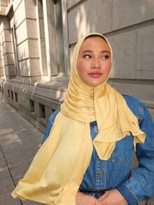 1pc Classic Solid Color Elegant Casual Soft Jersey Fabric Hijab Scarf, Versatile Turban Style Suitable For Daily Life, Outings And Gatherings - Lemon Yellow - View 13