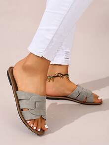 Ximi Ruo Sandalias planas tipo diapositiva de estilo coreano casual, de punta abierta, estilo romano trenzado, adecuadas para primavera, verano, exteriores, playa, apartamento, color marrón, diseño plano, versátil para vestidos - Gris - Ver 3