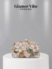 Elegante y versátil embrague de noche bordado con encanto brillante y floral, con base de color champán brillante con diseño de hojas con brillo y broche de strass, cadena desmontable adecuada para bodas, fiestas, cócteles, ocasiones formales y uso diario - Champán - Ver 1