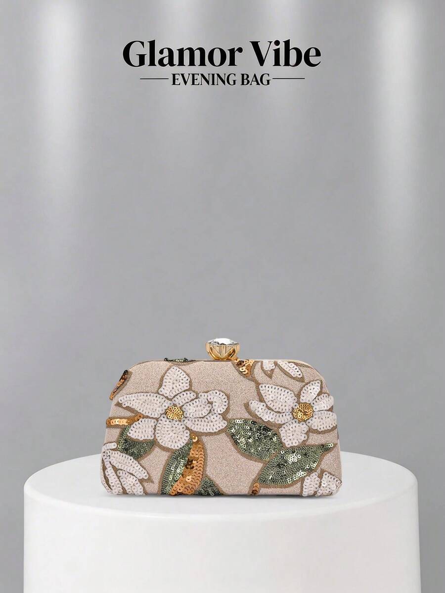 Elegante y versátil embrague de noche bordado con encanto brillante y floral, con base de color champán brillante con diseño de hojas con brillo y broche de strass, cadena desmontable adecuada para bodas, fiestas, cócteles, ocasiones formales y uso diario - Champán - Ver 1