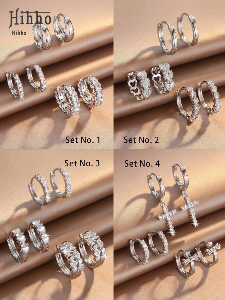 Hihho Bộ 6 khuyên tai cao cấp, khuyên tai bạc hình tròn nhiều kiểu dáng, dễ phối đồ, bao gồm khuyên tai trơn, khuyên tai hình trái tim rỗng, khuyên tai trơn, khuyên tai mặt dây chuyền hình thánh giá, khuyên tai tối giản đa năng, phù hợp cho đi làm, đi học, hẹn hò, dự tiệc và các dịp khác. - Bạc - Xem 1