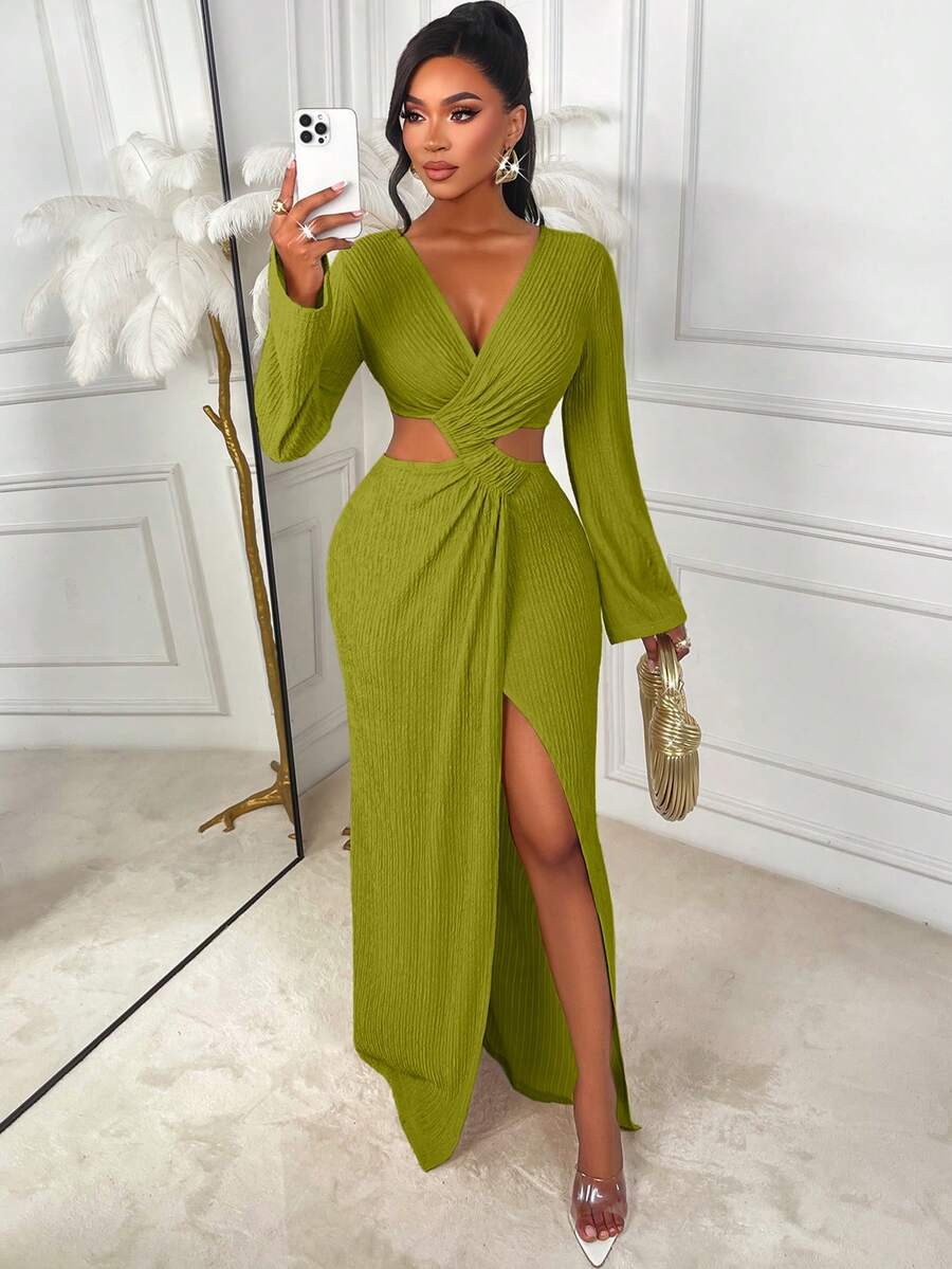 AIJ Amarilo Women's Elegant Solid Color High Stretch V-Neck Asymmetrical High Slit Autumn Blouse Dress, Suitable For Daily Commute And Shopping - Green - View 1