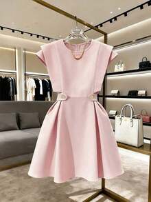 Vestido corto casual azul elegante y romántico para vacaciones y uso diario en el trabajo, vestido azul cielo, vestido azul primavera, vestido azul pastel, vestido azul bebé, vestido elegante para trabajo para mujer, vestido elegante, vestido de lujo para mujer, vestido casual de verano de alta calidad para mujer - Rosa - Ver 12