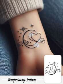 One Valentine's Day Temporary Temporary Tattoo Sticker, Featuring A Gentle And Romantic Star, Moon, And Heart Theme. Waterproof, Sweatproof, Washable, And Non-Reflective, It Mimics The Effect Of A Tattoo On The Arm And Shoulder, Suitable For -Conscious Individuals. It Can Be Used For 3 To 5 Days. - Black - View 1
