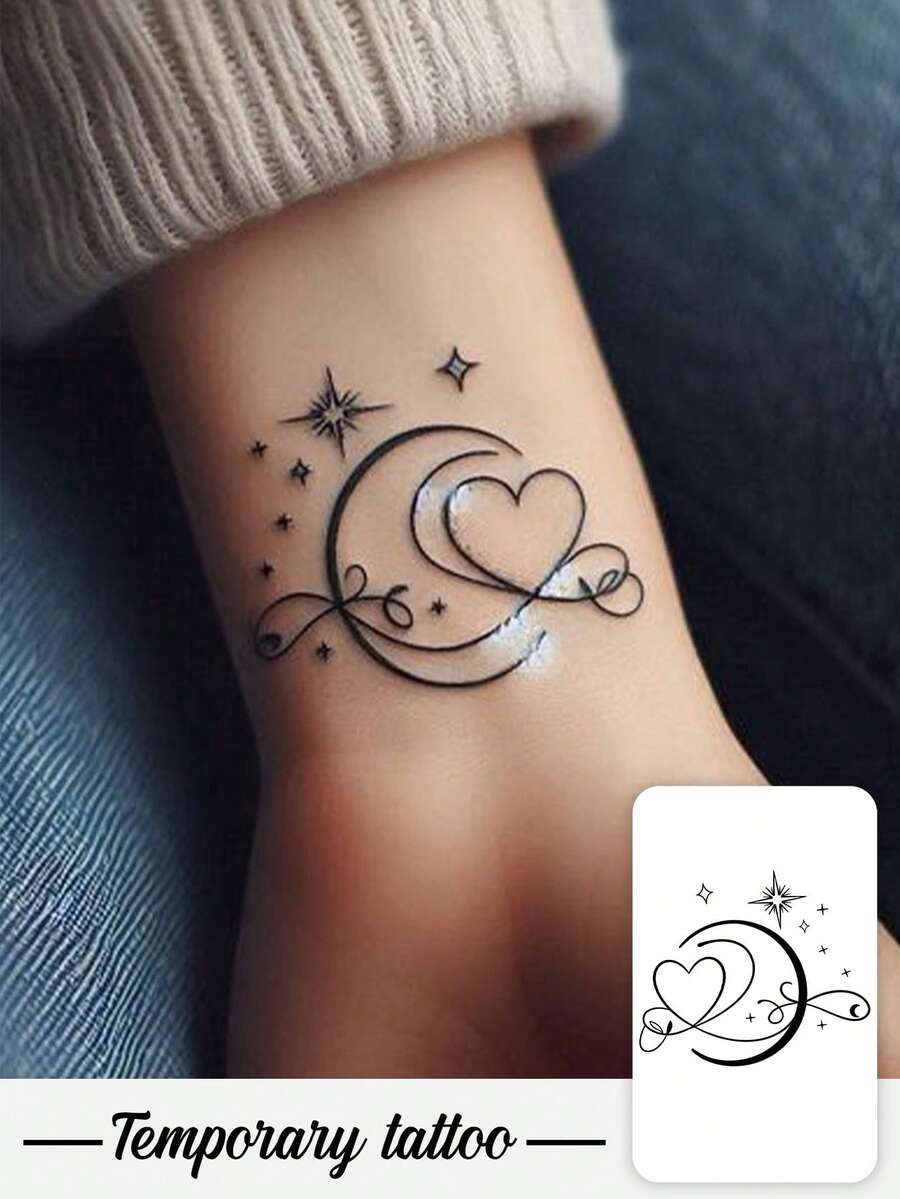 One Valentine's Day Temporary Temporary Tattoo Sticker, Featuring A Gentle And Romantic Star, Moon, And Heart Theme. Waterproof, Sweatproof, Washable, And Non-Reflective, It Mimics The Effect Of A Tattoo On The Arm And Shoulder, Suitable For -Conscious Individuals. It Can Be Used For 3 To 5 Days. - Black - View 1