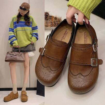 Fashionable Barn Style Deep Vamp Loafers, Vintage Buckle Flat Student Baroque Leather Shoes For Women
