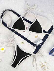Traje de baño para mujer Swim Mod 2026 Primavera/Verano, con tirantes finos y cuello halter, en azul marino y amarillo en contraste, conjunto de bikini con lazo lateral para vacaciones. - Blanco y Negro - Ver 9