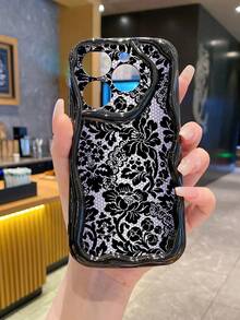 1pc Ball Texture Black Flower Camera Shockproof Phone Case, UV Printed Wavy Design Compatible With Apple/Galaxy//// - Black - View 1