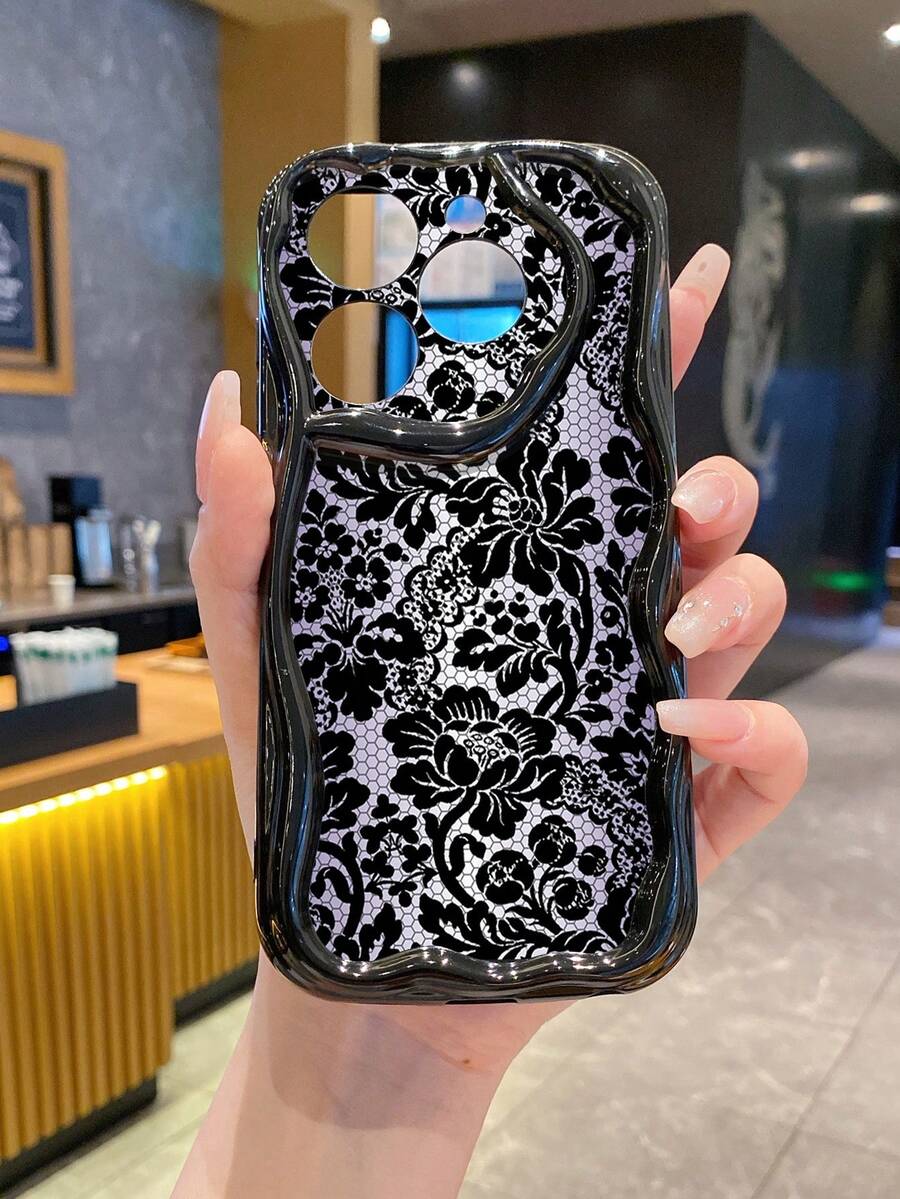 1pc Ball Texture Black Flower Camera Shockproof Phone Case, UV Printed Wavy Design Compatible With Apple/Galaxy//// - Black - View 1