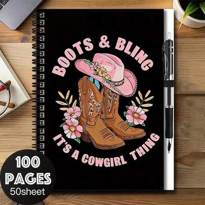1 Set modisches Denim-Spiralbuch mit Stift, Cover mit westlichen Cowboystiefeln, rosa Hut und Blumen, Muster mit "STIEFEL & BLING, DAS IST EINE COWGIRL-SACHE". 100 Seiten 50 Blatt, geeignet für Arbeit und Studium, auch ein tolles Geschenk zur Graduierung, zum Geburtstag usw.