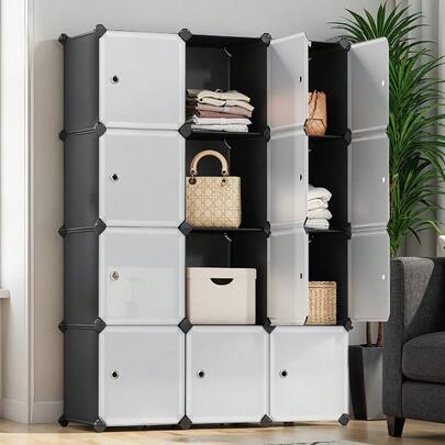 12 Cube Storage Unit | Modular Plastic Storage Shelf With Doors For Living Room, Black - Ledrem, Pre-Assembled, Storage Drawer Units