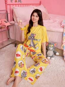 Noctvar OBM Sleepwear X TOM & JERRY 复古卡通汤姆和杰瑞联名款黄色插肩袖女士舒适睡衣套装 - 彩色 - 查看 4