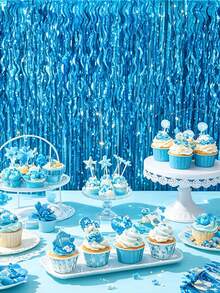 1/2/4pcs Light Blue Shiny Sequin Foil Fringe Curtain, Light Blue Wavy Fringe Curtain, Metallic Holiday Photo Backdrop Wall, Suitable For Birthday, Mermaid, Ocean, Pool, Ice And Snow Theme Party, Wedding Party Decoration Bunting - Blue - View 3