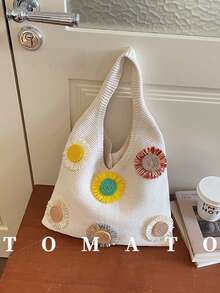Women's Summer Beach Tote Bag - Decorated With Sunflower Patch, Large Capacity Open-Top Handbag, Suitable For Casual Outings And Coastal Vacations, Beach Tote Bag, Bohemian Style, Woven Material, Spacious Handbag, Essential For Vacation, Ideal For Work, Back To School - Beige - View 1