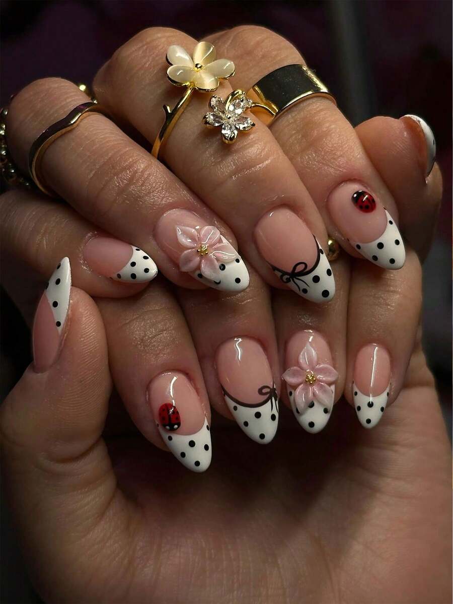 24pcs Short Oval Polka Dot Press-On Nails Set, Includes 1 Double-Sided Adhesive And 1 Nail File, Short Polka Dot Nails Make Your Fingertips Shine And Be Attractive, Perfect For Parties, Dancing And Daily Use - Multicolor - View 1