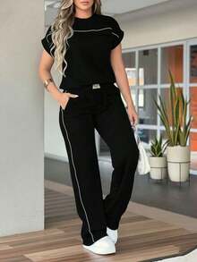 Conjunto de 2 piezas de top de manga corta de cuello redondo y pantalones rectos de cintura alta de unicolor minimalista para mujer, primavera/verano - Negro - Ver 2