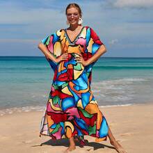 New Rayon Printed Long Dress For Seaside Vacation, Loose Plus-Size Beach Dress, Bikini Swimsuit Cover-Up For Women - Blue Gradient (ZS1817-10) - View 11