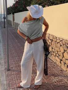 Women's Casual Elegant Shiny Sparkly One Shoulder Knitted Sweater Tank Top Old Money Style Vacation Holiday Summer - Silver - View 4