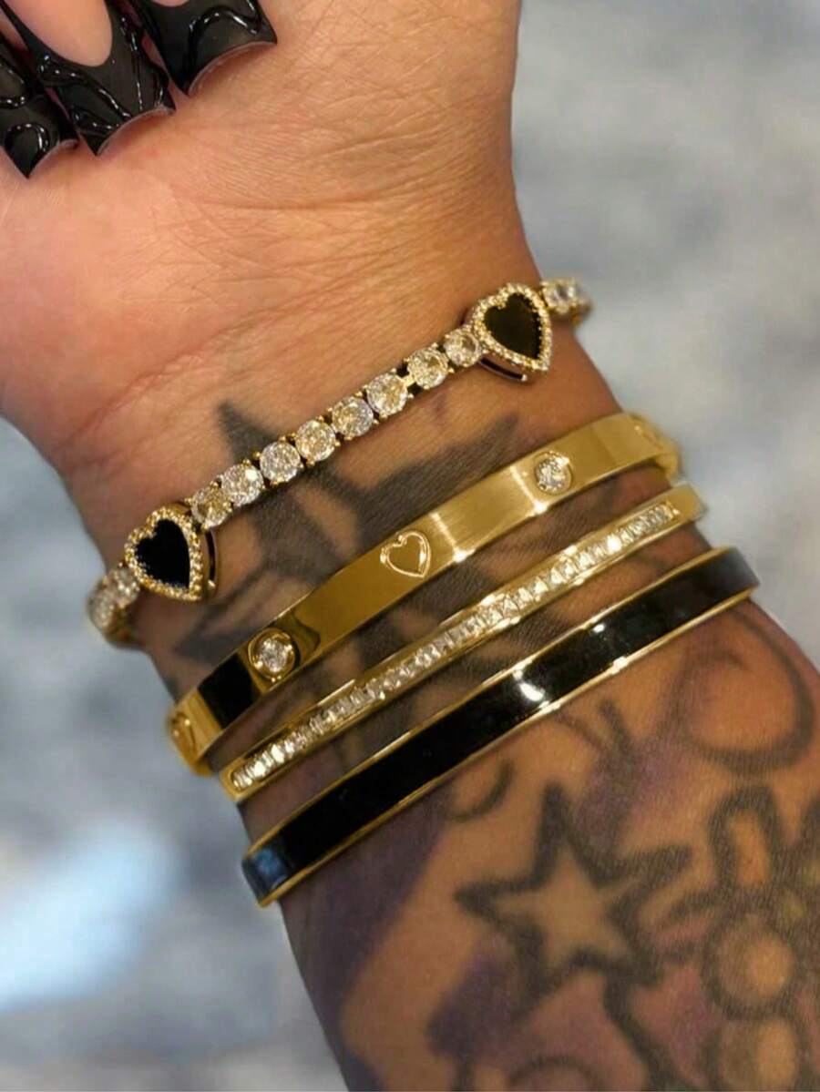 1/4pcs 18K Gold Plated Stainless Steel Heart Clasp Bracelet With Cubic Zirconia, Jewelry Set For Women, Suitable For Daily Wear, Music Festival, Party Gift