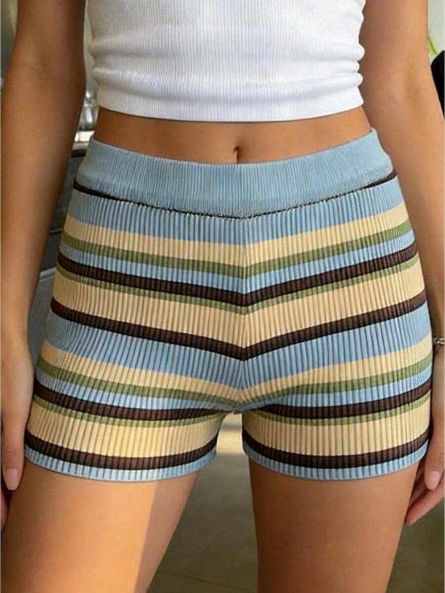 Womens Contrast Striped Knit Shorts Elastic Waist Ribbed Mini Shorts Casual Loungewear For Summer - Multicolor - View 1
