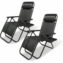 Set Of 2 Adjustable Steel Mesh Zero Gravity Lounge Chair Recliners W/Pillows And Cup Holder Trays - Black - 查看 7
