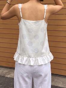 Women Dot Print Camisole Tops Lace Trim Spaghetti Strap V Neck Ruffled Hem Backless Cami Tops For Summer Going Out - 杏色 - 查看 6