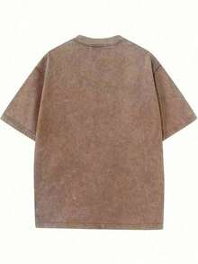Rhude 230G Washed Cotton T-Shirt, Adult Men's Vintage Eagle & Cloud Print Top,  Short Sleeve For Daily Wear & Casual Outings2026 - 棕色 - 查看 4