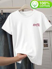 Áo thun ngắn tay cổ tròn bằng cotton đơn giản, thoải mái dành cho nữ, kiểu dáng vừa vặn dễ mặc. In họa tiết AMOR, thích hợp cho đi làm, đi học và những buổi đi chơi thường ngày vào mùa xuân, hè và thu. Màu trắng. - trắng - Xem 3
