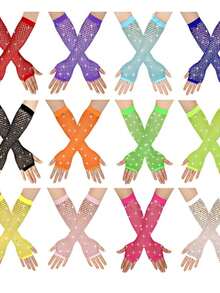 2只装女士80年代霓虹街头派对朋克风渔网镶钻高弹力露指手套，万圣节派对狂欢节母亲节礼物 - 彩色 - 查看 2