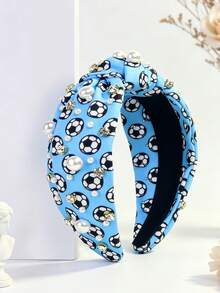 1pc Women's Solid Color Cute Football Print Tie Headband, Decorated With Pearls And Rhinestones Wide Headband, Women's Football Themed Hair Accessory, Fashion Hair Accessory For Sports Events,Festival,Party - Multicolor - View 9