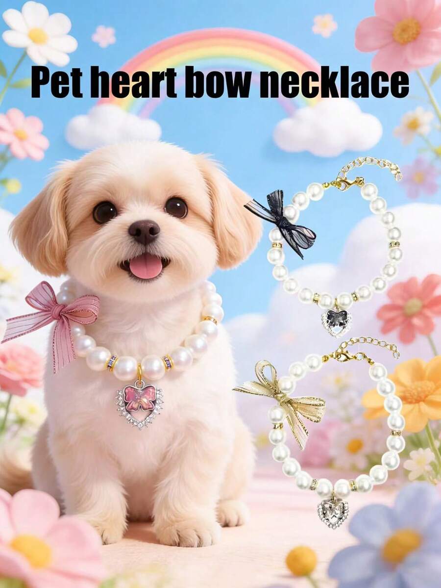 1 pièce Collier de perles avec nœud papillon, pendentif cœur de perle mignon, taille ajustable, collier de perles pour animaux de compagnie, collier pour chat, collier pour chien, accessoires de robe pour animaux de compagnie, accessoires photo pour animaux de compagnie, fournitures pour animaux de compagnie, cadeau de fête, cadeau d'anniversaire, accessoires pour animaux de compagnie - Multicolore - Voir 1