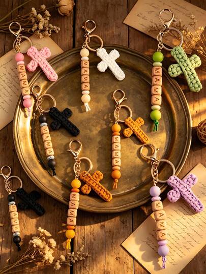 1pc Handmade Woven Cross Letter MAMA Silicone Beaded Keychain, Jesus Keychain, Christian Car Keychain, Bag Charm, Soft Cross Keyring, Bohemian Decor, Unisex, Holiday Decor, Birthday Gift, Women's Keychain, Back To School Gift, Couple Gift, Mother's Day Gift For Mom, Wedding Gift, Holiday Gift, Party Favor, Event Souvenir, Friend Gift