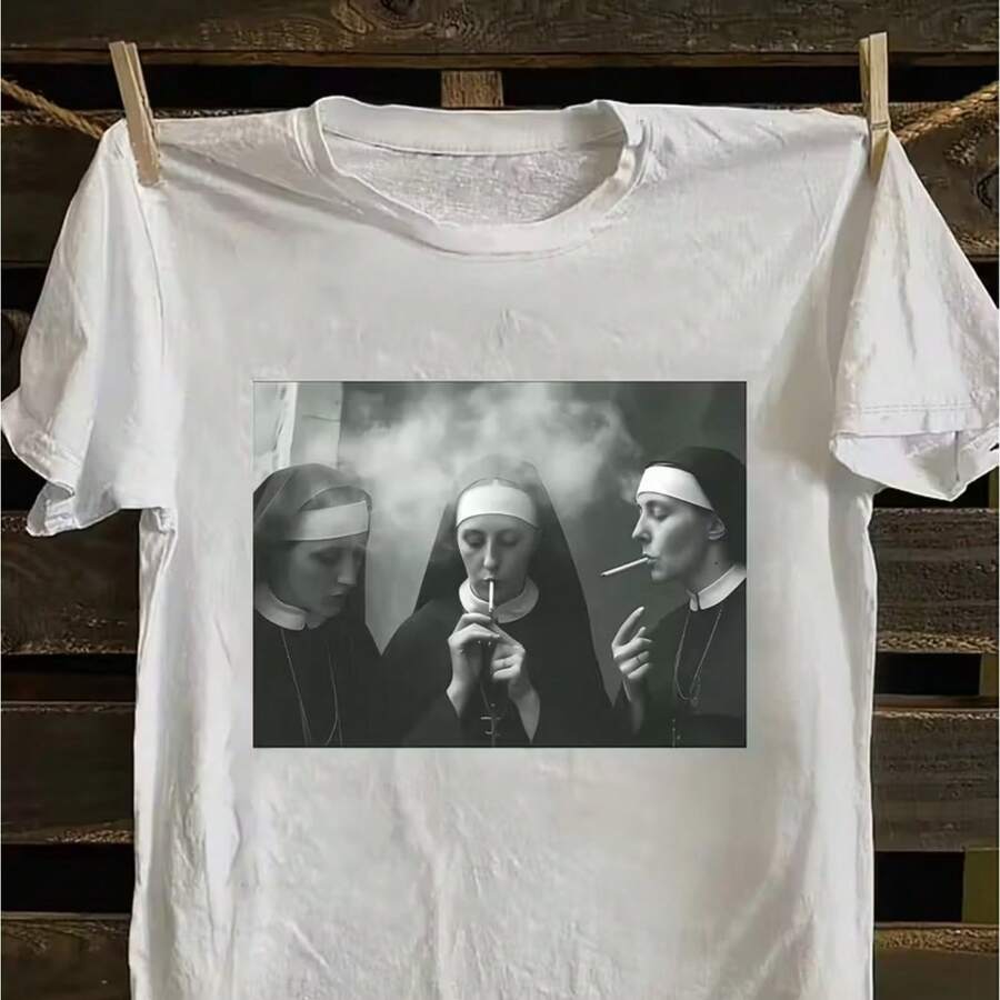 Unisex 100% Cotton T-Shirt With A Stylish Nun Print. - 白色 - 查看 1